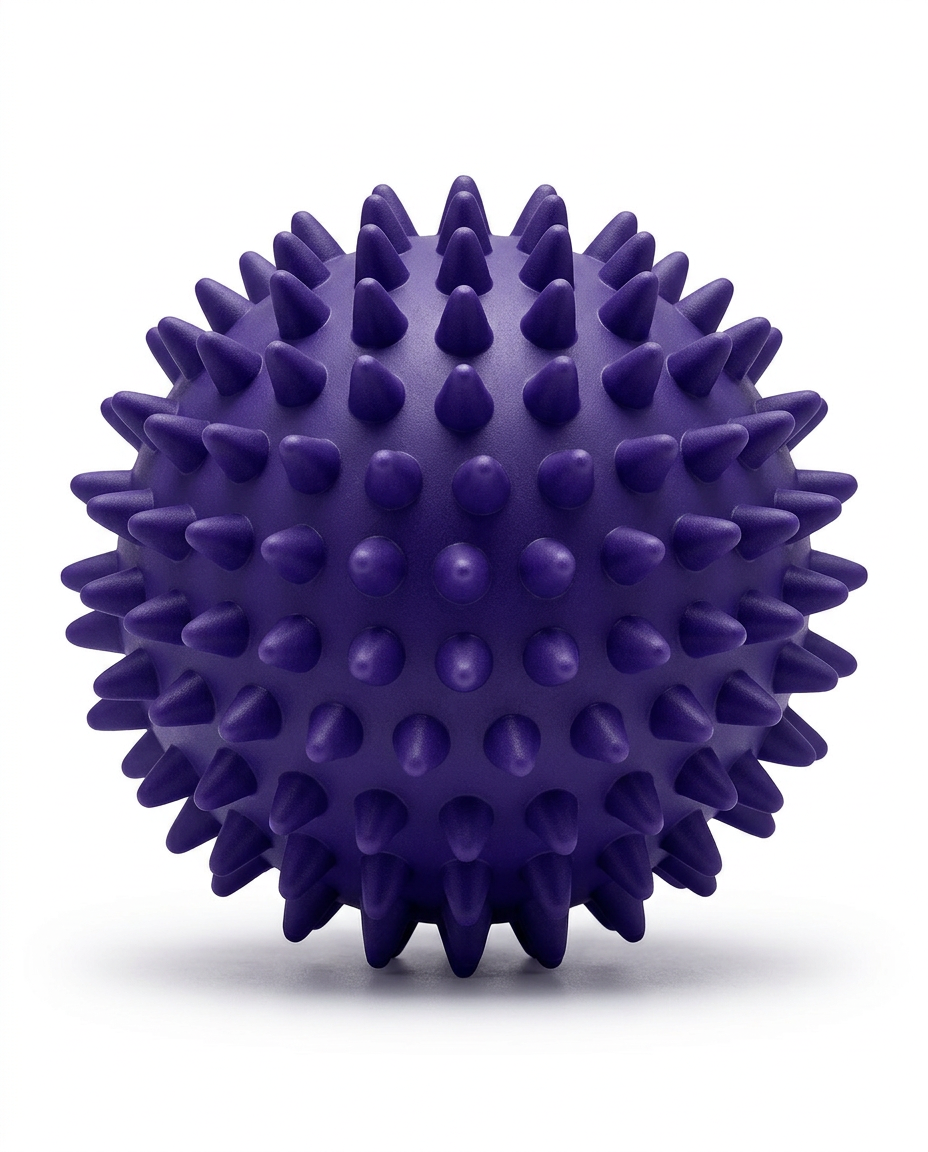 Purple spiky recovery massage ball, studio packshot on white