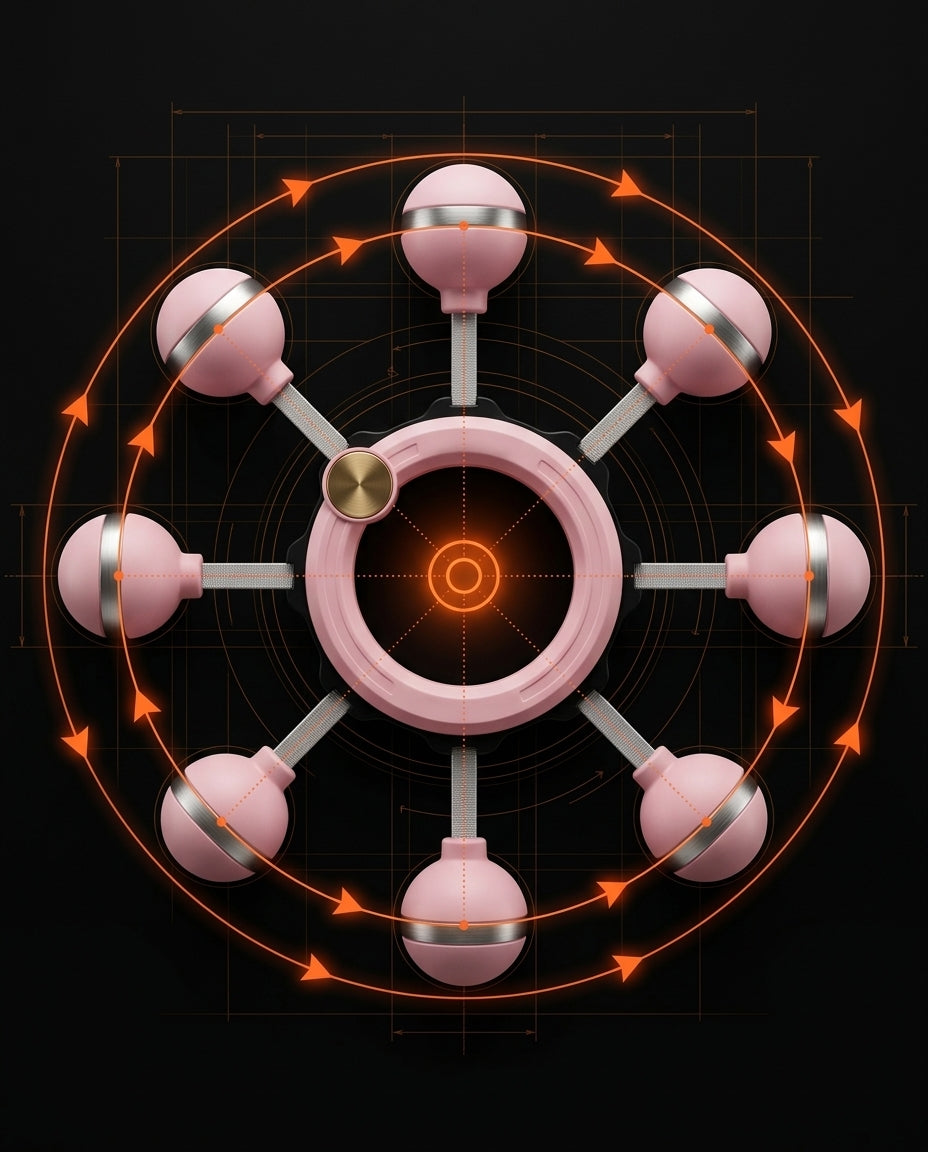 Engineering blueprint of the rotation trainer flywheel with orbit motion arrows