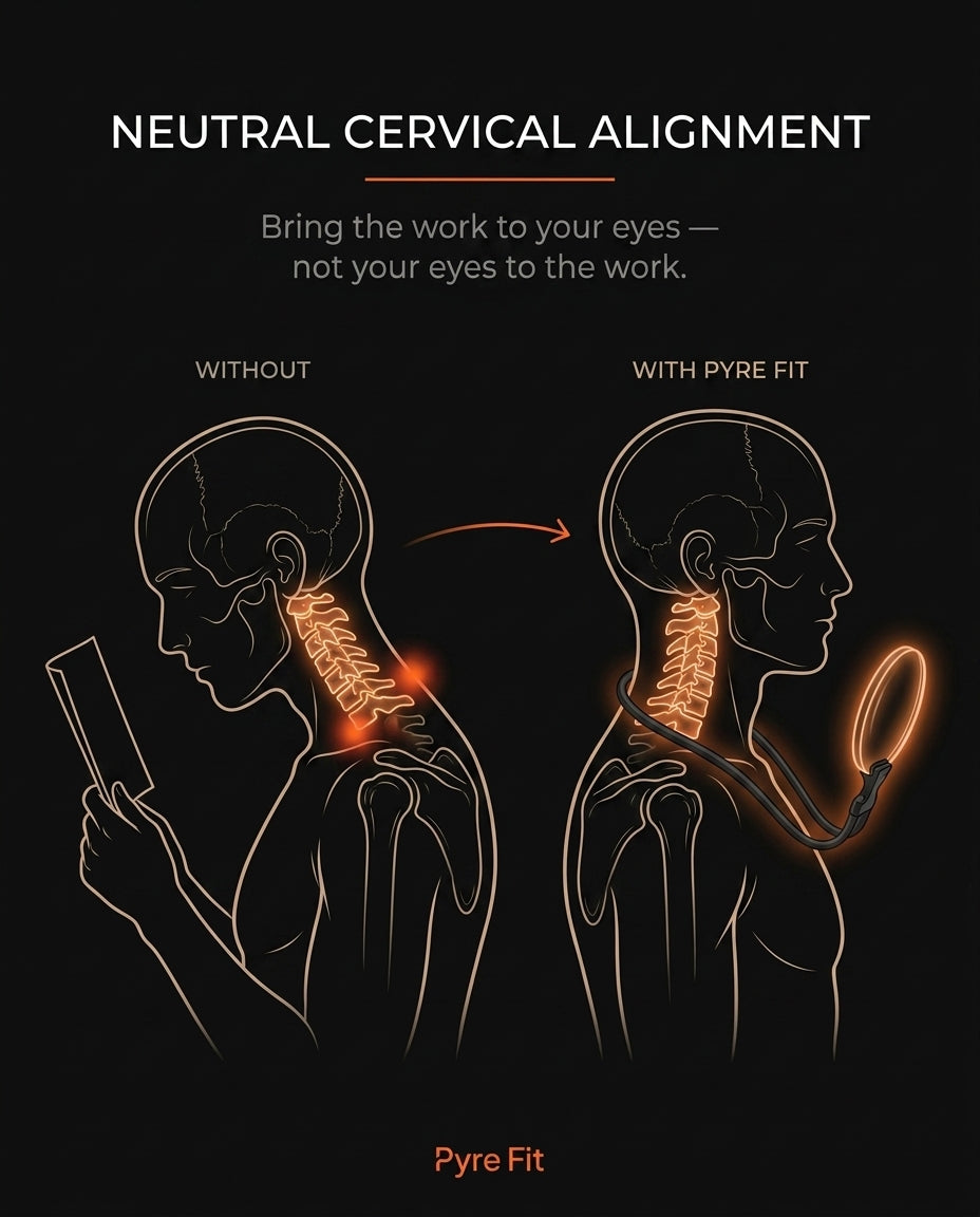 Diagram comparing neck posture with and without the hands-free neck magnifier