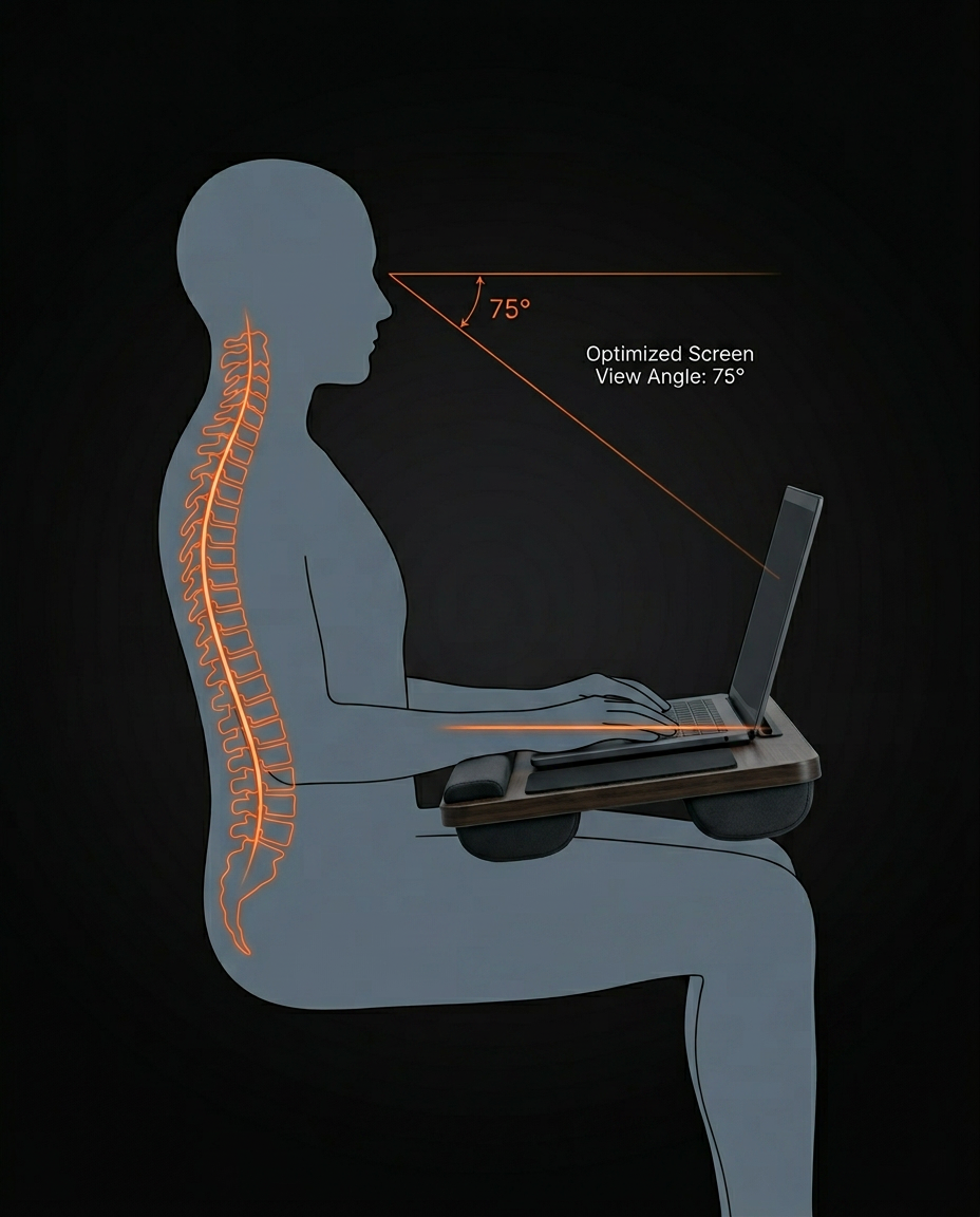 Posture diagram showing the lap desk raising a laptop to a 75-degree view angle