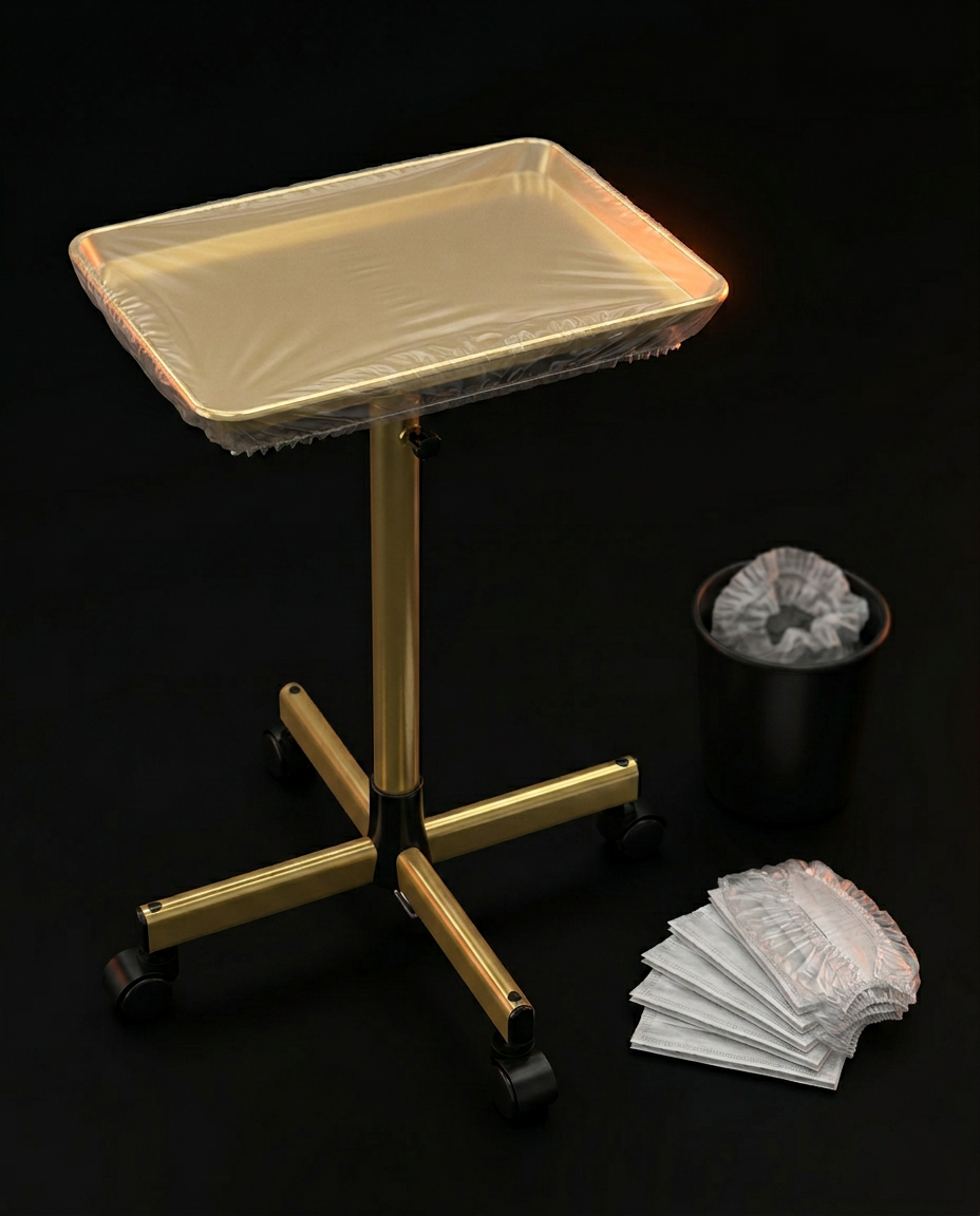 Salon cart with disposable tray cover beside a liner-lined waste bin