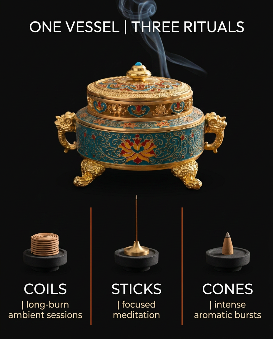 Infographic showing the incense burner works with coils, sticks, and cones