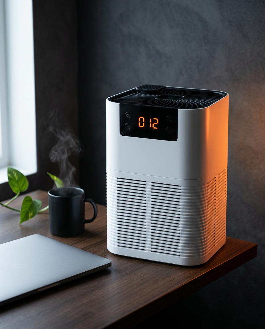 Air purifier on an office desk beside a laptop, mug and plant