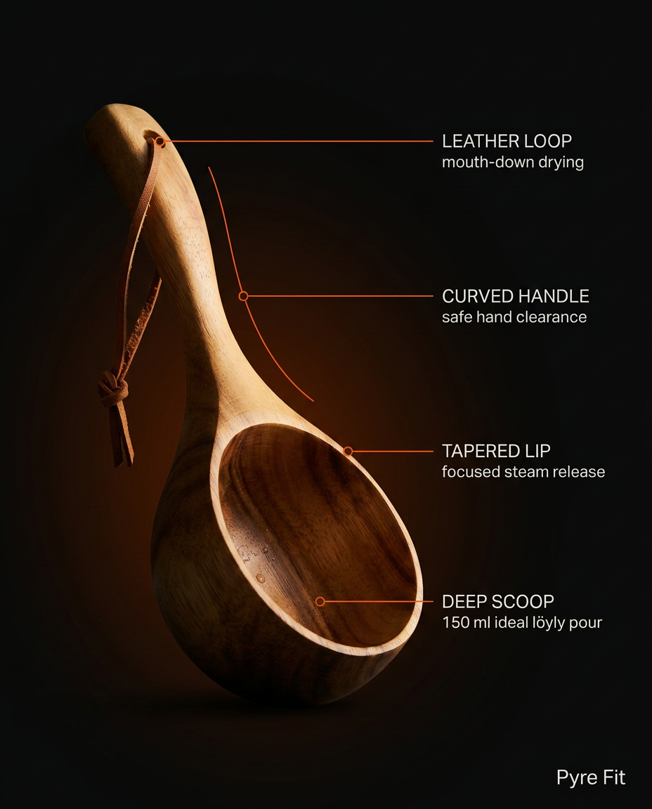 Annotated ladle diagram labeling the leather loop, curved handle and deep scoop