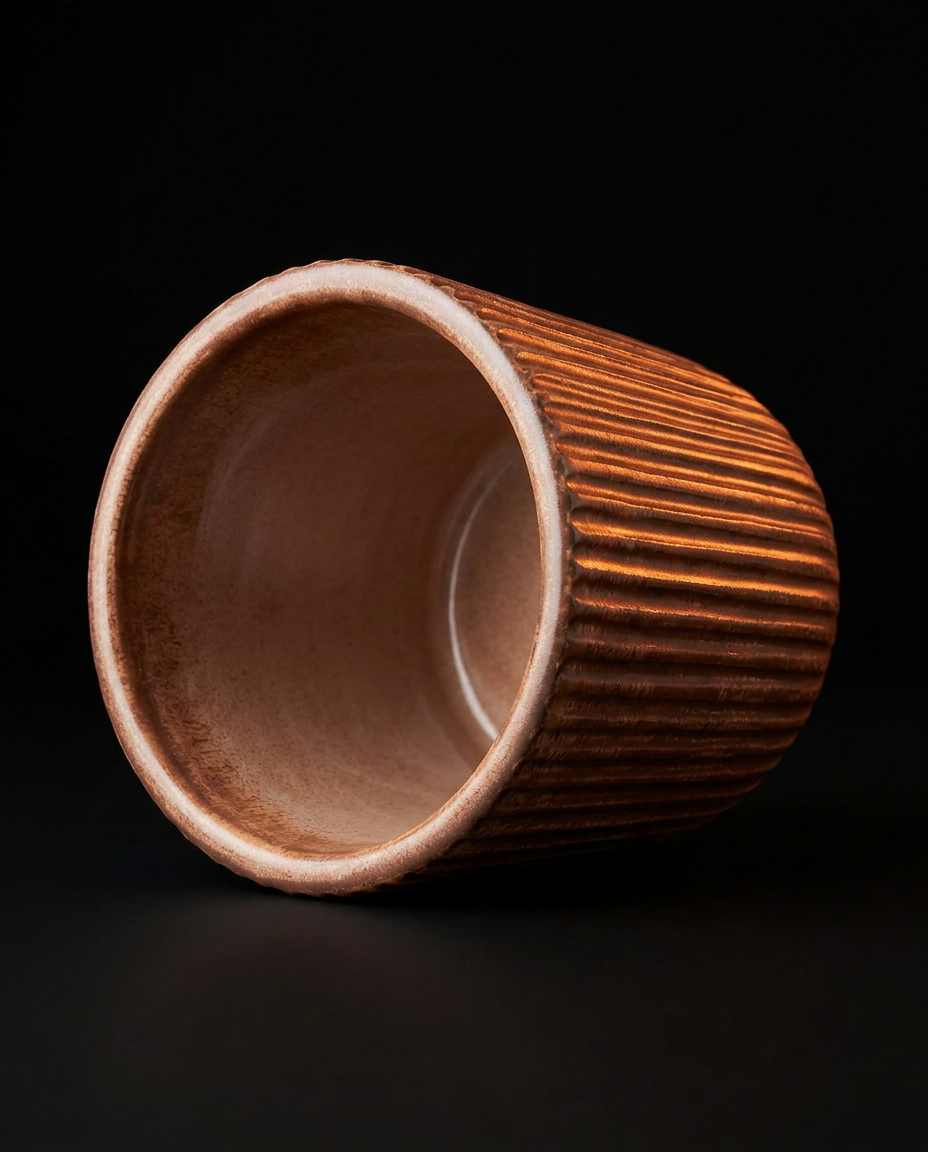 Brown ribbed holder cup tipped on its side showing the smooth interior