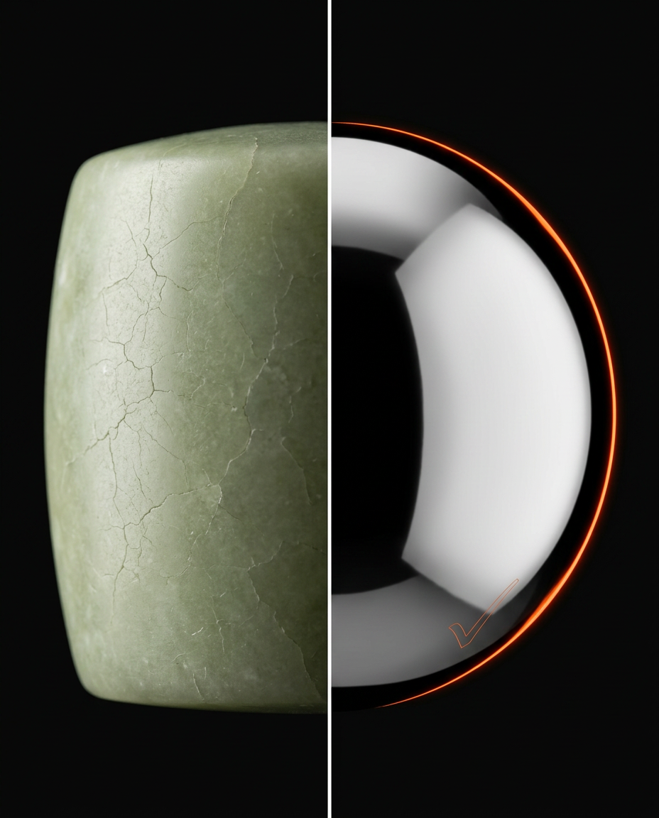 Split comparison of a jade roller versus the stainless steel cooling sphere
