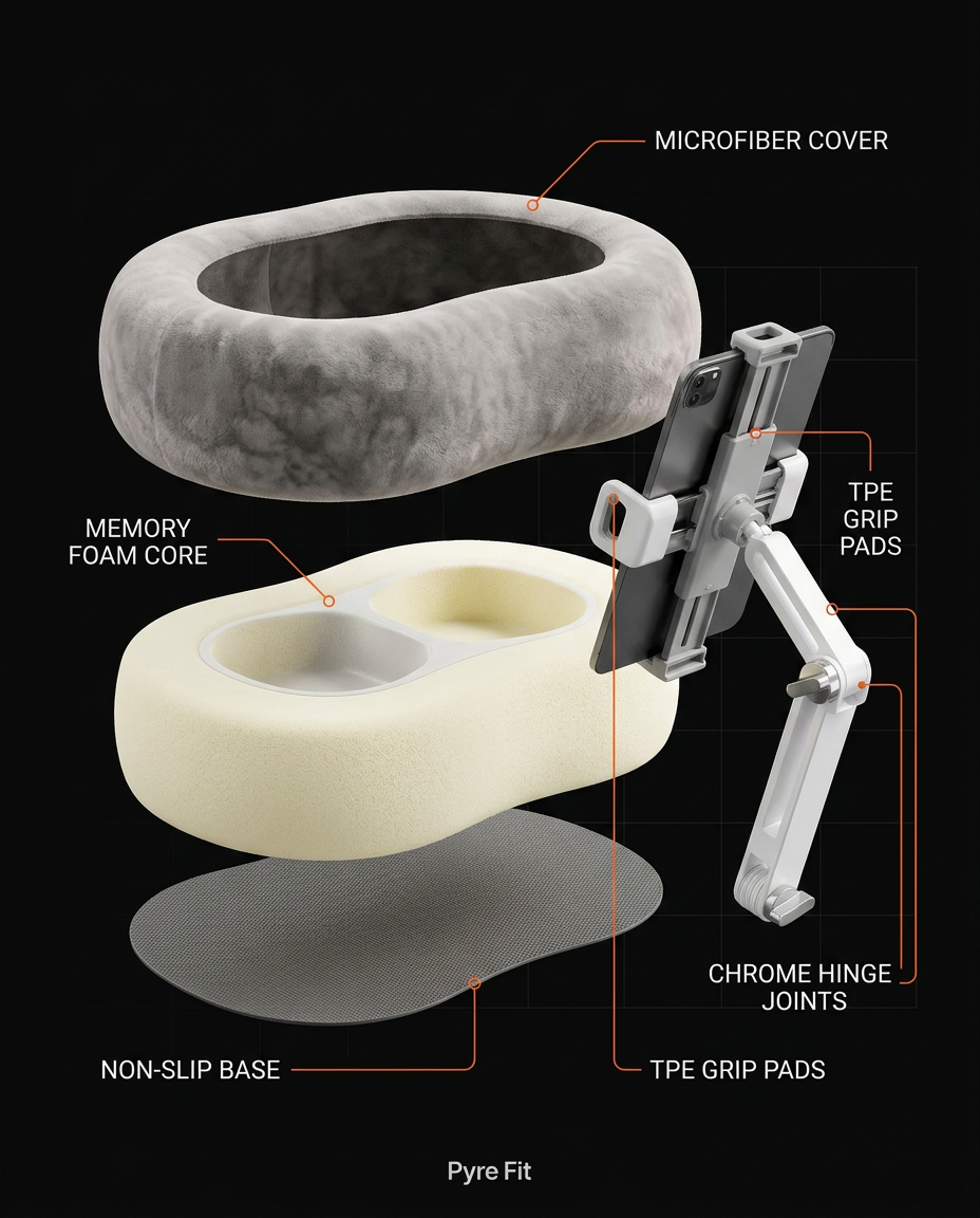 Material diagram showing the microfiber cover, memory foam core and grip parts