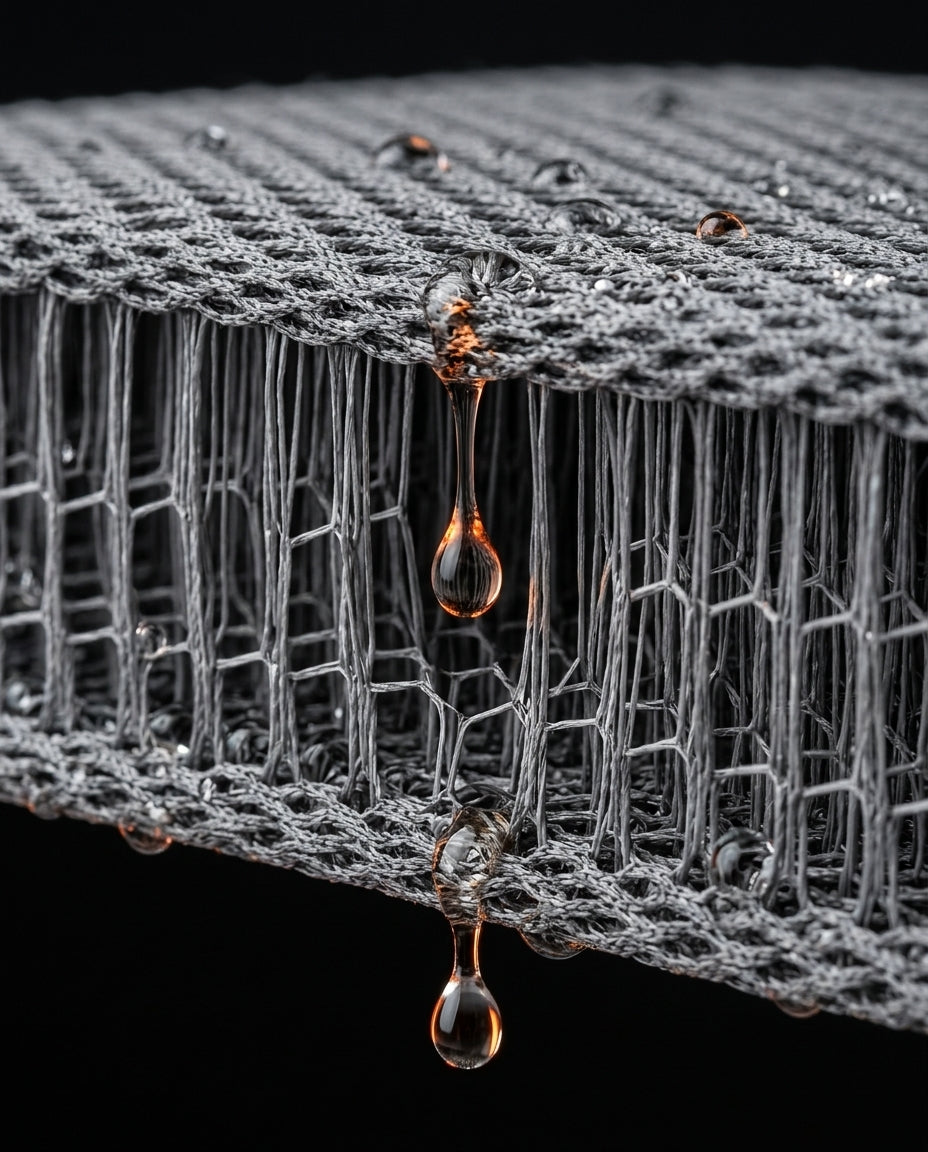 Macro of water draining through the breathable 3D air-mesh of the bath pillow
