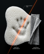Material close-up of a handprint in the open-cell knee pillow foam