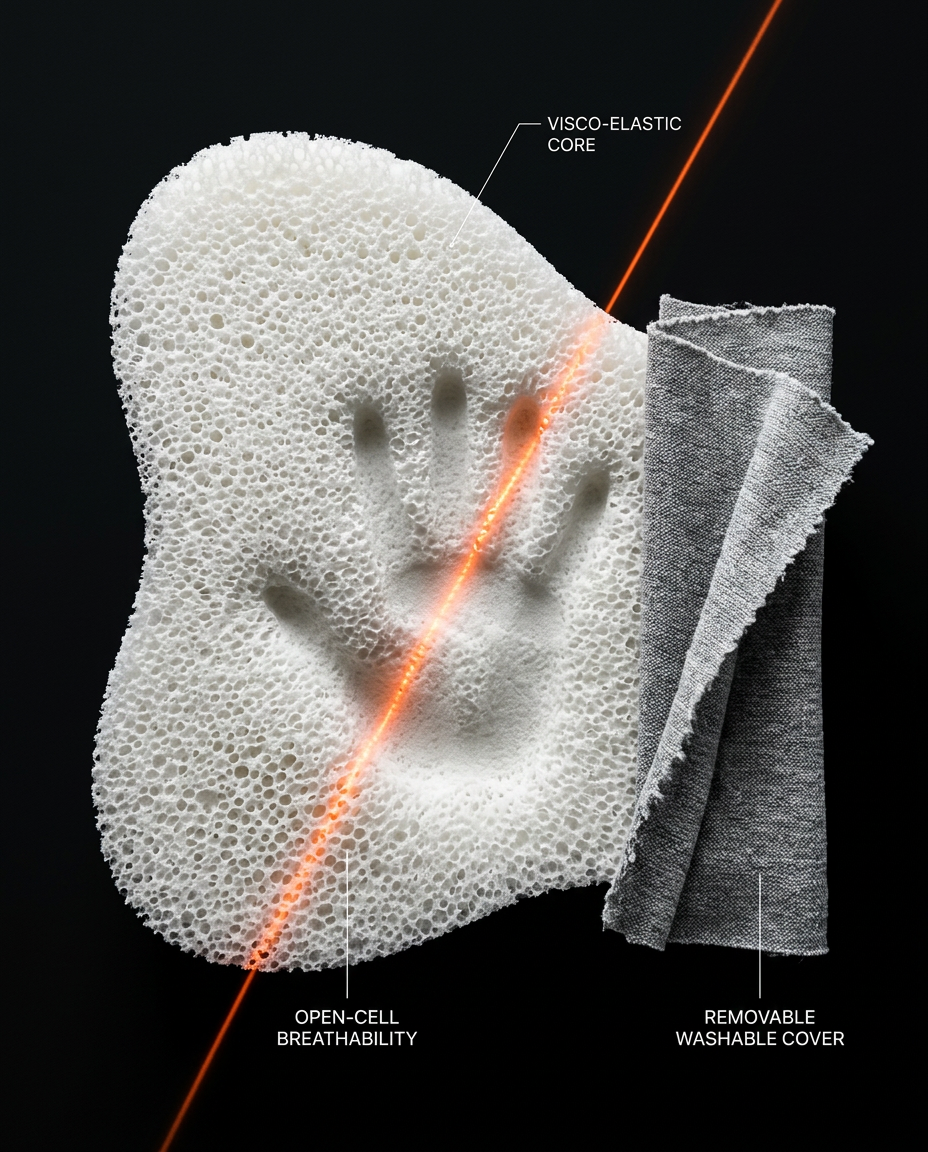 Material close-up of a handprint in the open-cell knee pillow foam