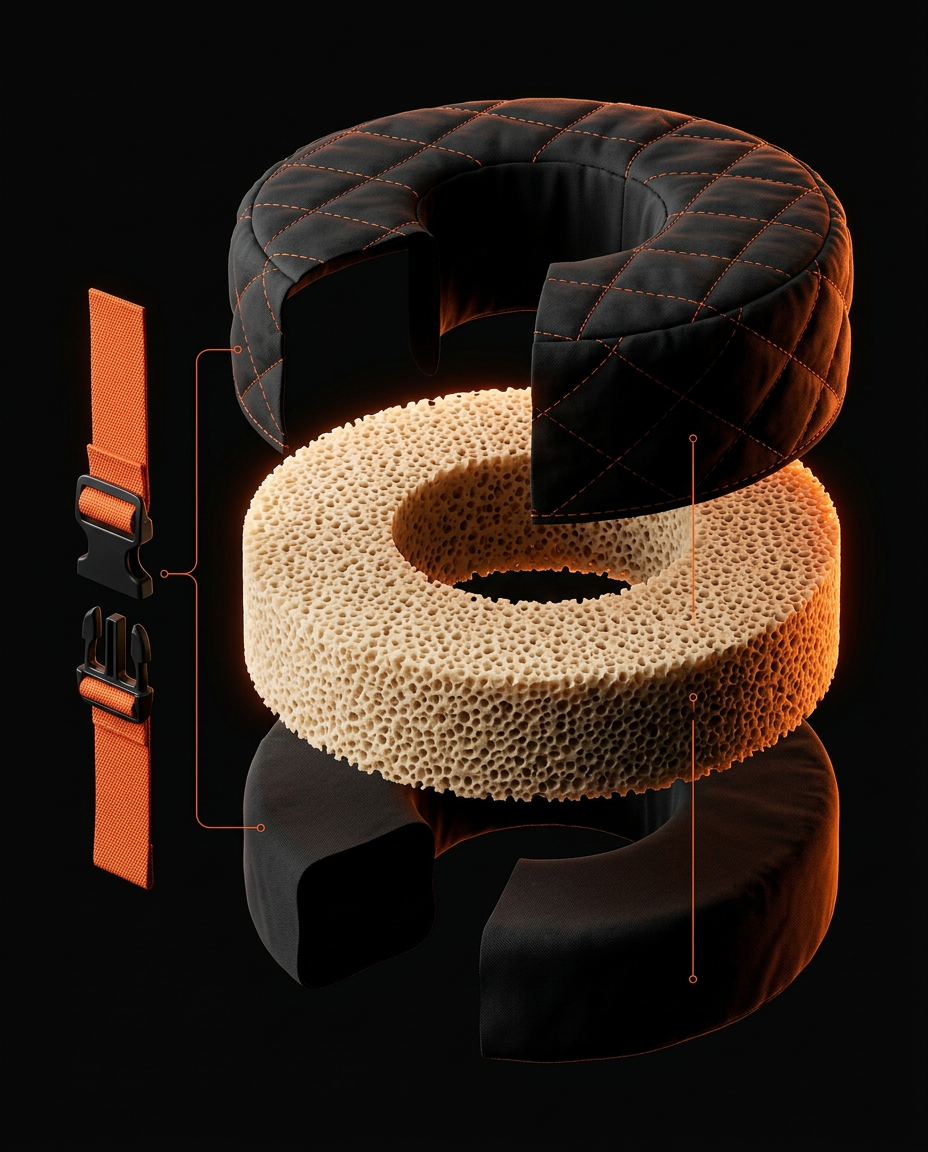 Exploded view of the ankle cushion's foam core, quilted cover and strap