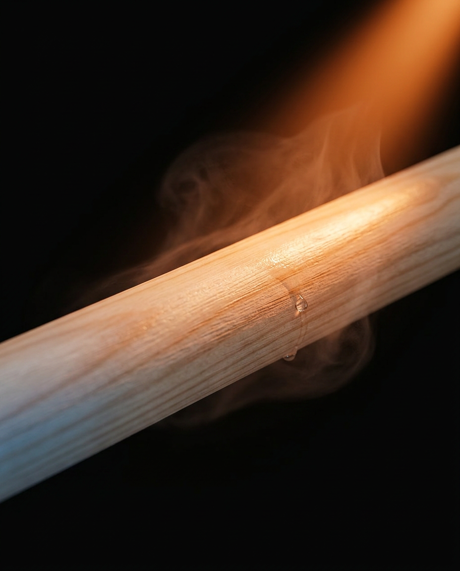 Close-up of a wooden dowel rung with steam rising, showing heat-resistant sauna wood