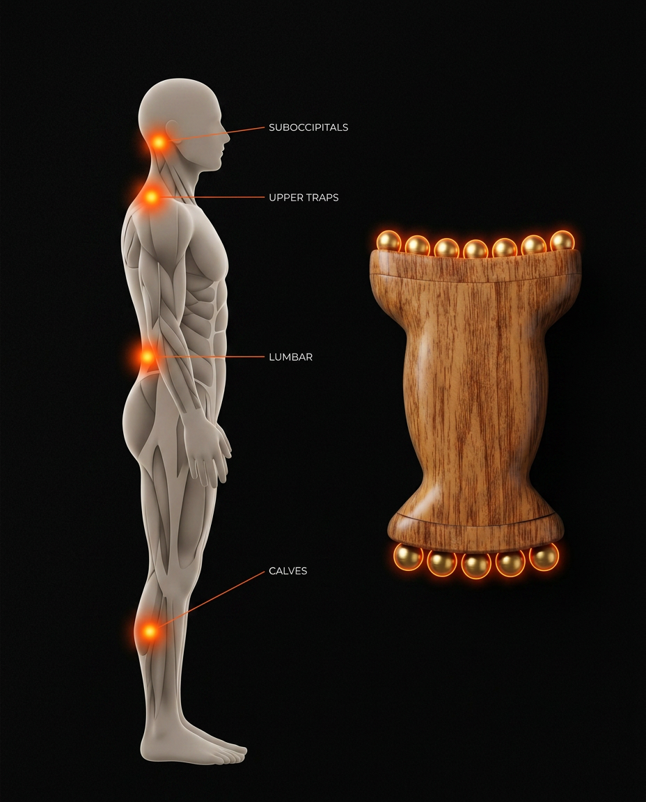 Anatomy diagram of neck, traps, lumbar and calf trigger points the roller targets