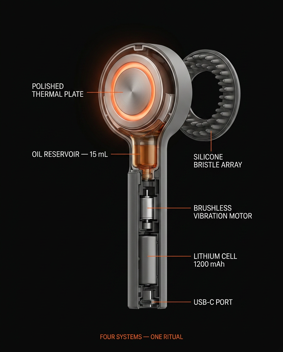 Cutaway anatomy of the scalp brush motor, battery, reservoir and heat plate