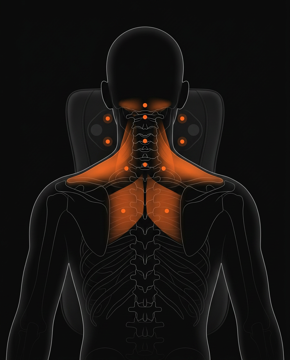 Anatomy map highlighting neck and shoulder muscles targeted by the massage cushion