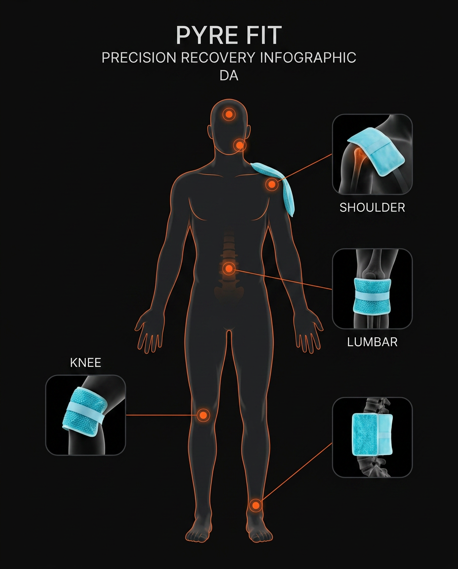 Body diagram mapping gel pack zones at shoulder, lumbar and knee