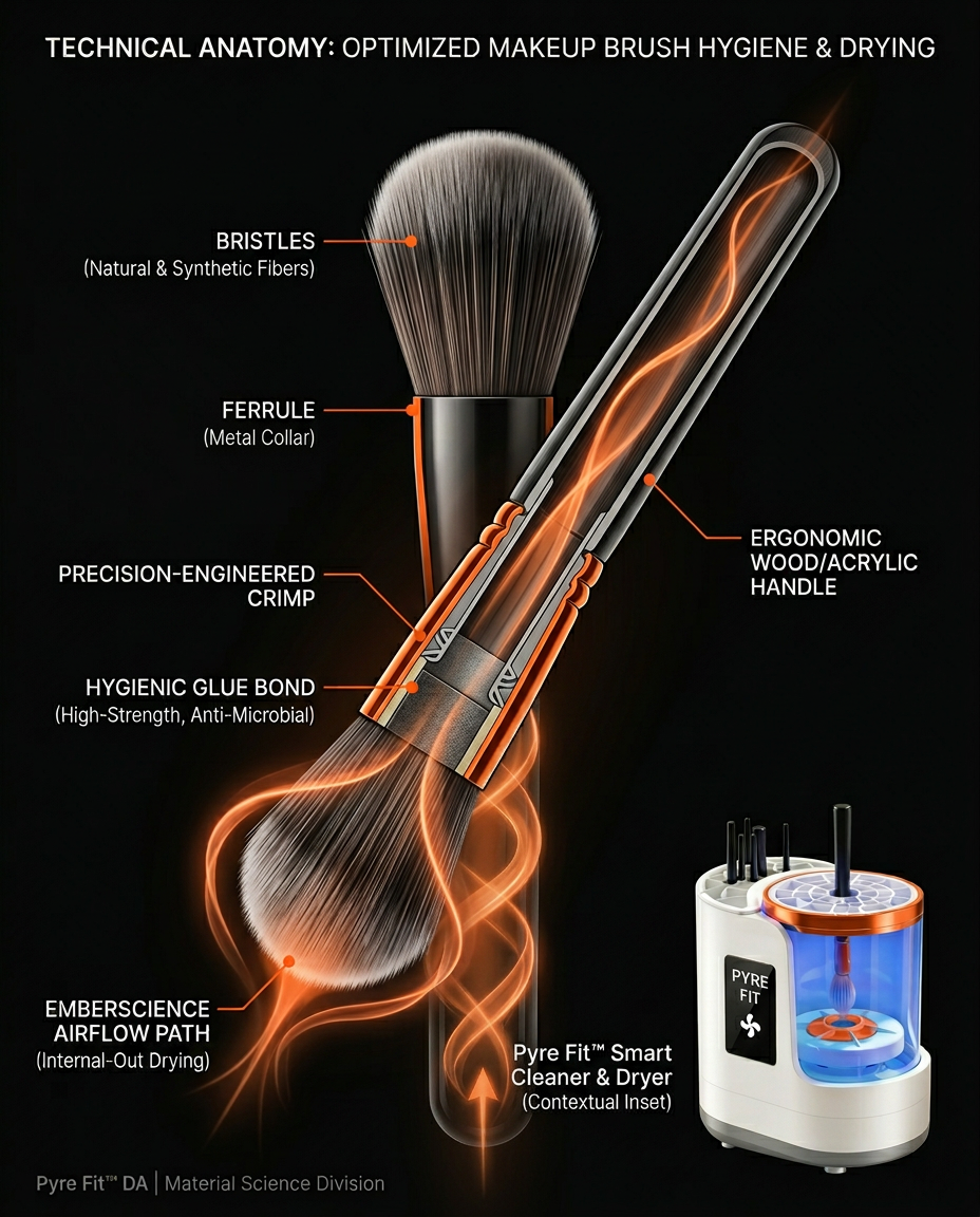 Technical anatomy diagram of a makeup brush labeling bristles, ferrule and handle