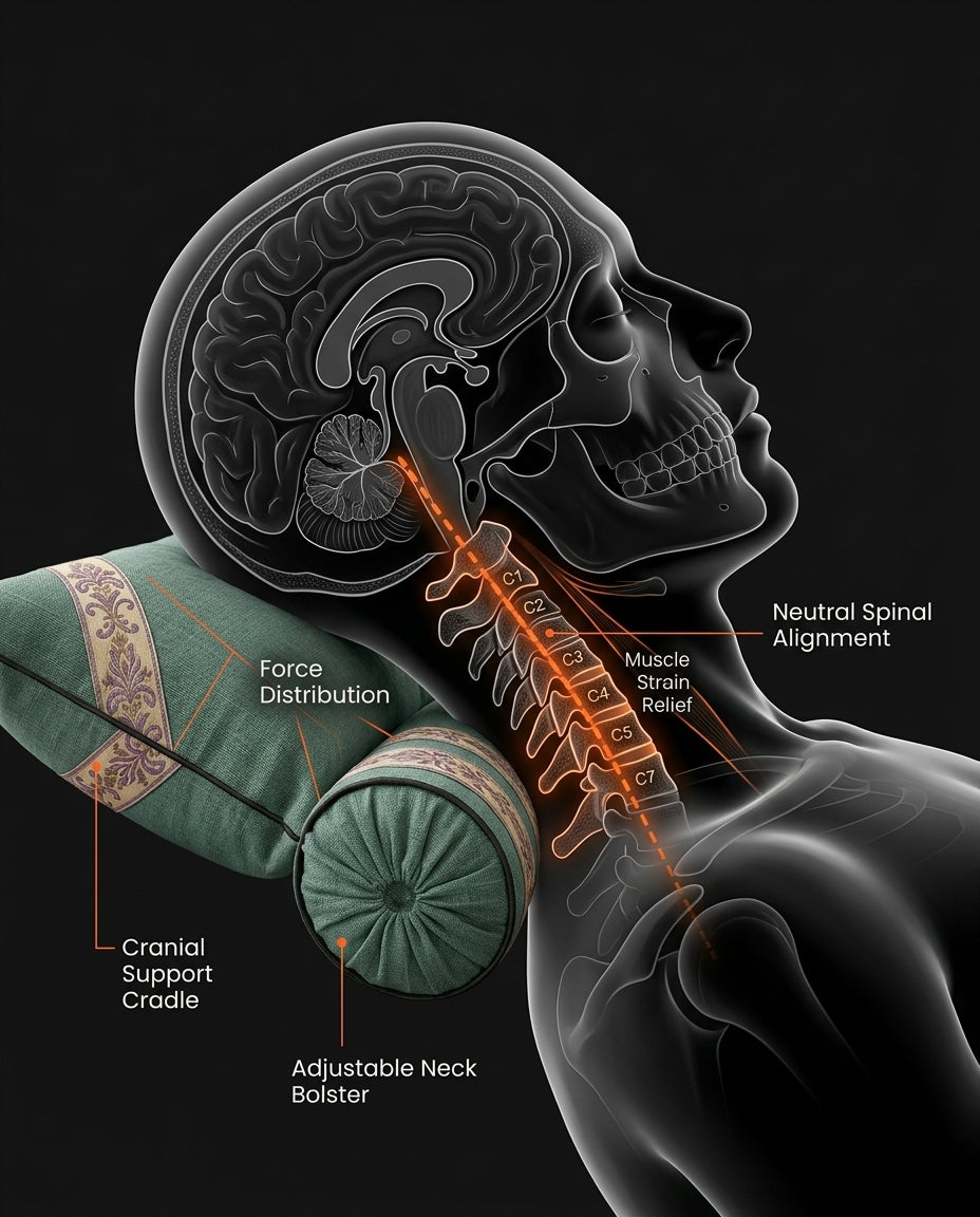 Cervical alignment diagram showing the cushion and neck bolster supporting a neutral spine