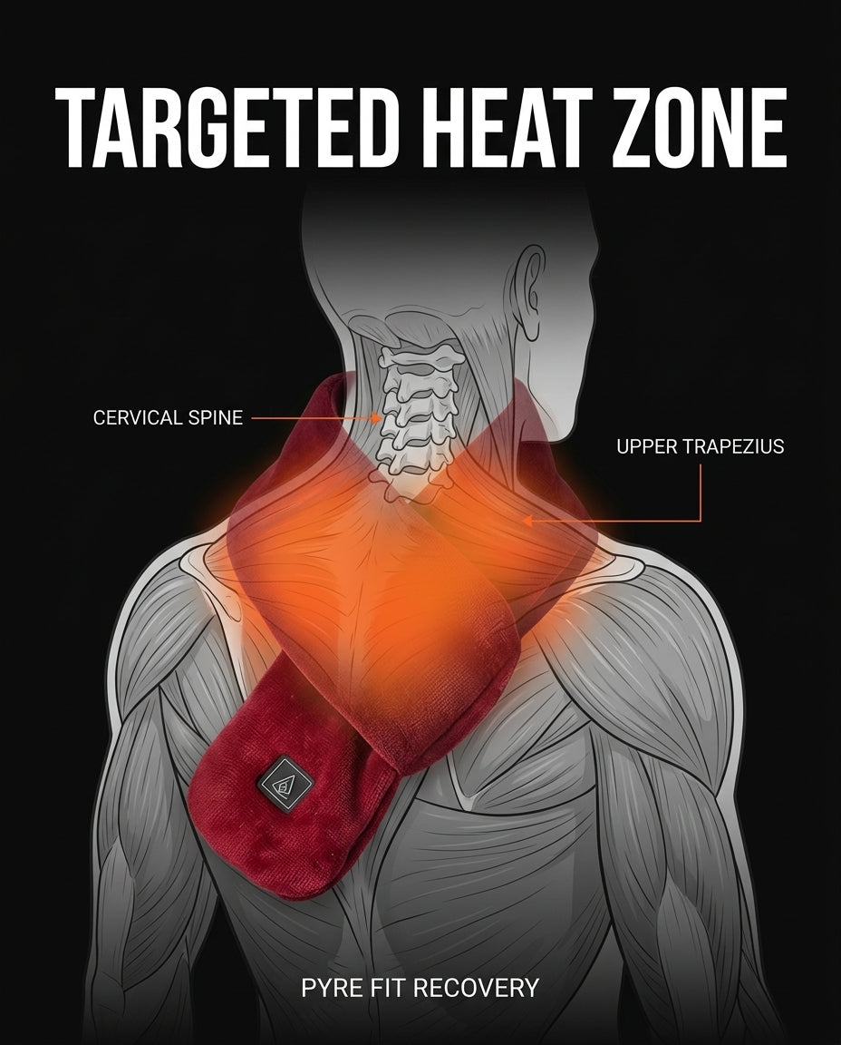 Anatomy diagram showing the scarf's heat zone over the cervical spine
