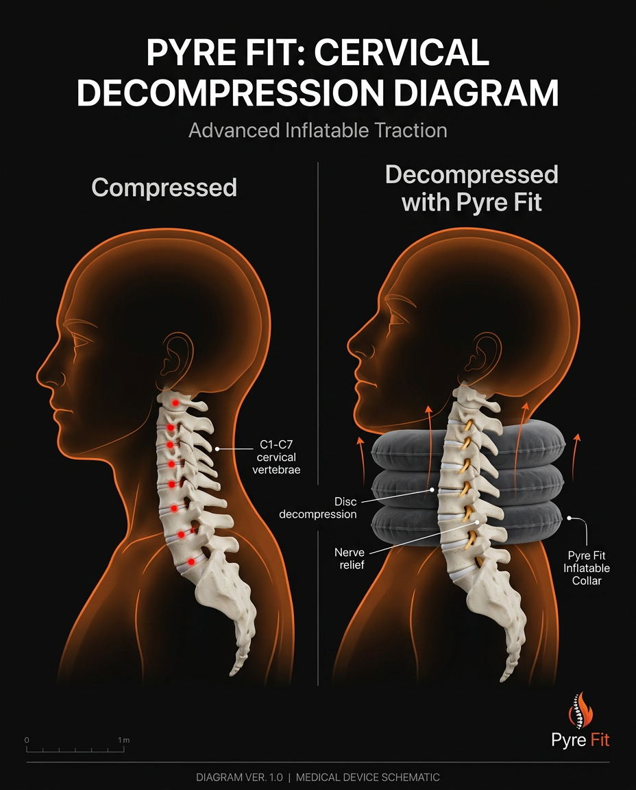 Cervical diagram comparing compressed and relieve pressure spine with collar