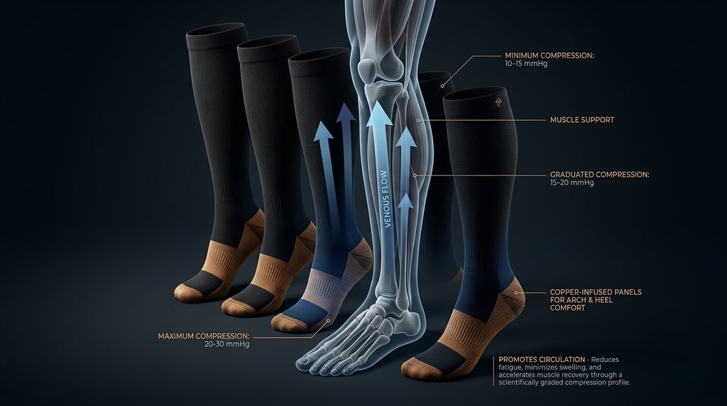 Anatomical diagram of leg comfort and compression levels in the socks