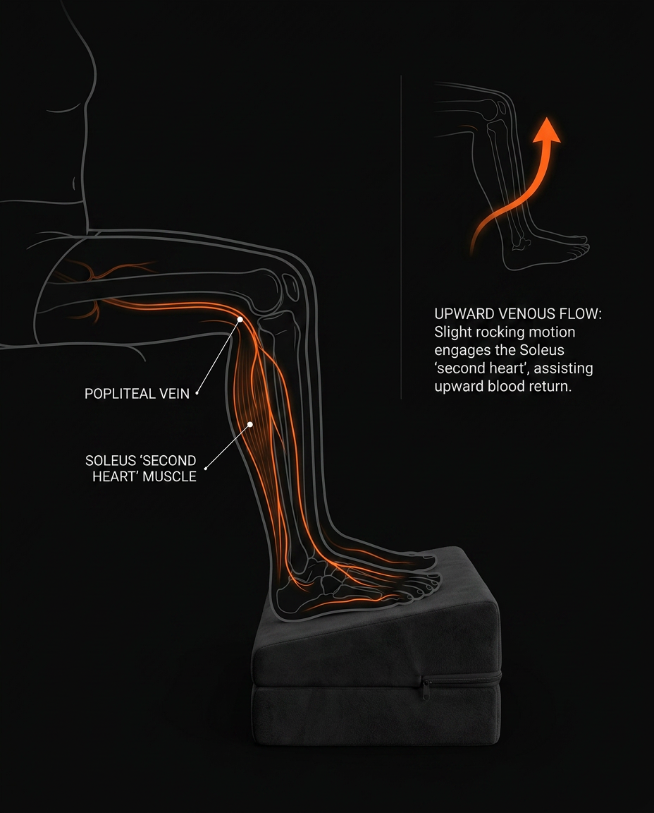 Diagram of a leg on the foot rest illustrating improved venous comfort