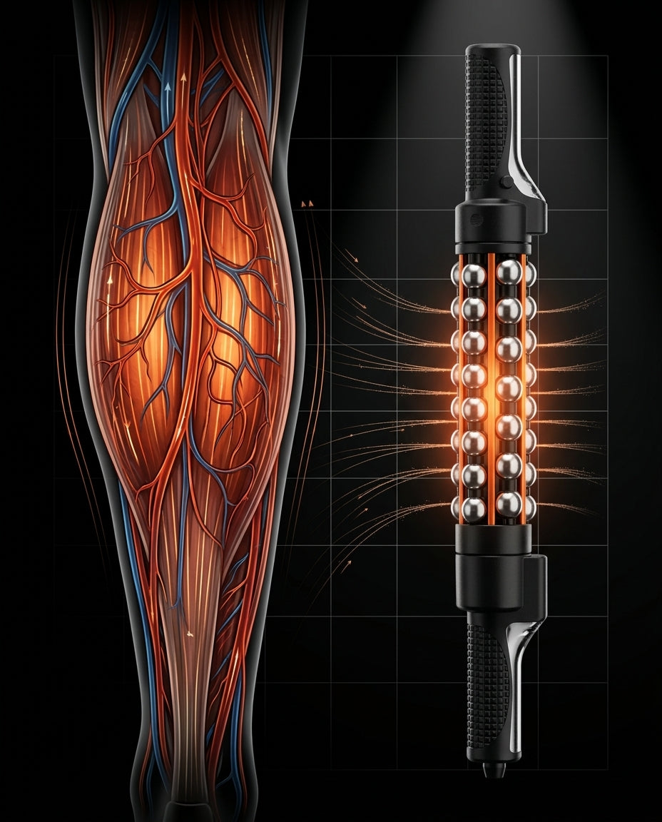 Anatomy diagram of calf blood vessels next to the massage roller showing comfort