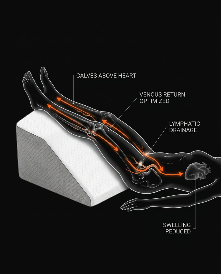 Diagram showing legs raised above heart on the wedge to boost comfort