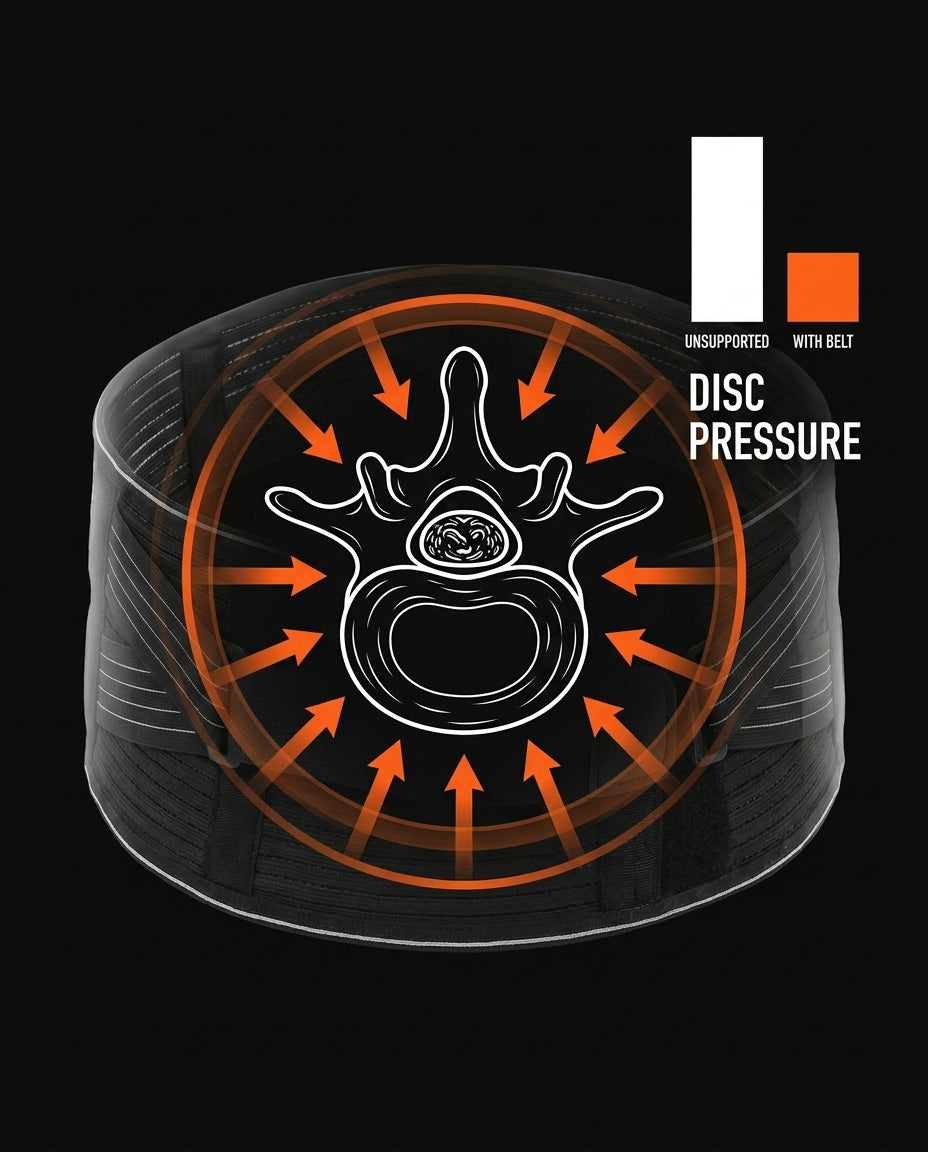 Diagram comparing spinal disc pressure with and without the support belt