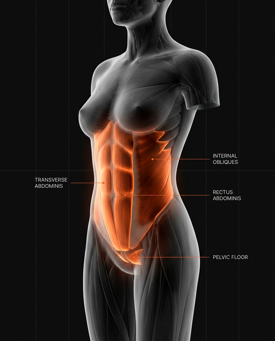 Anatomy diagram of core abs, obliques and pelvic floor on the pilates board