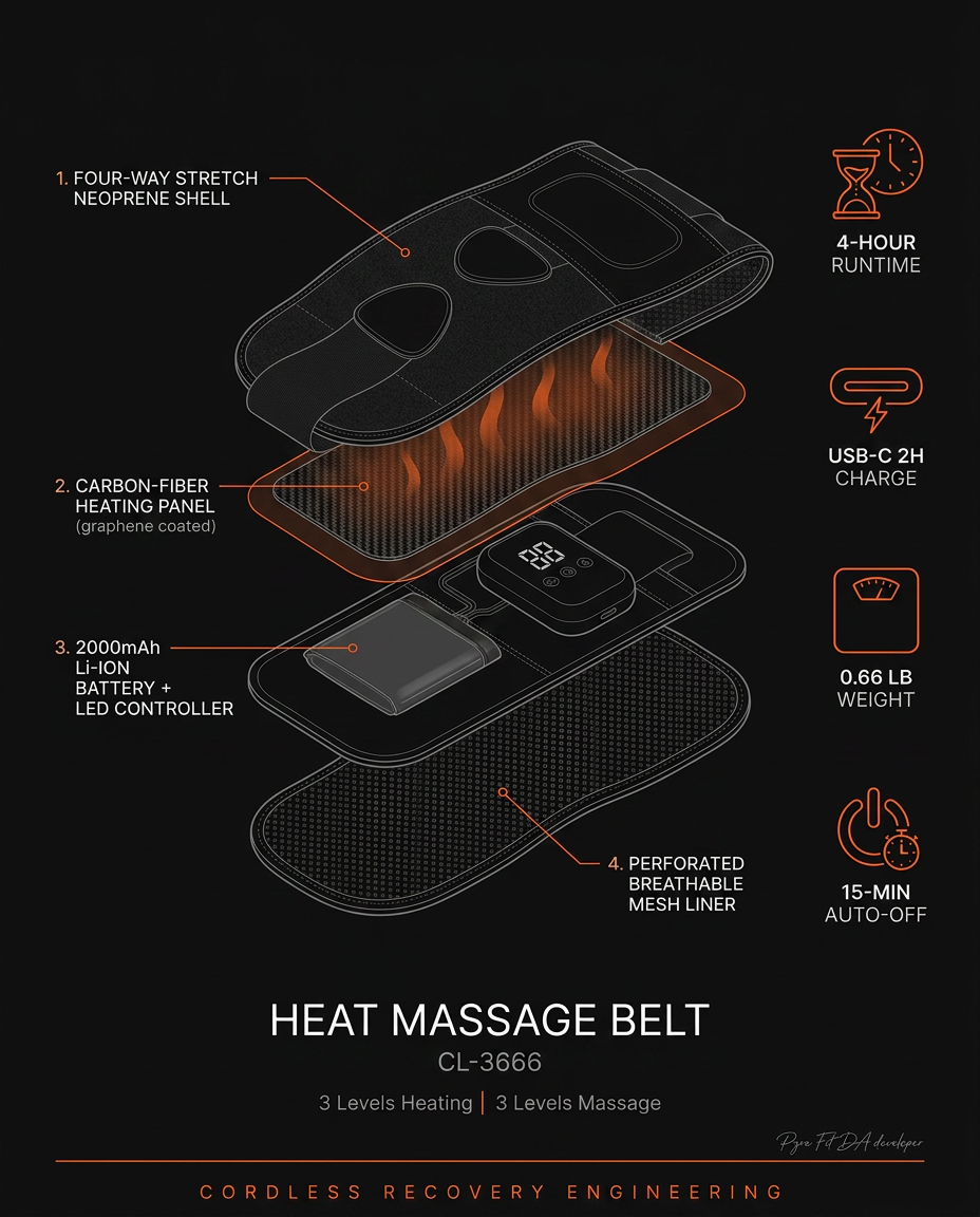 Exploded cutaway diagram of the heated massage belt's layers and components
