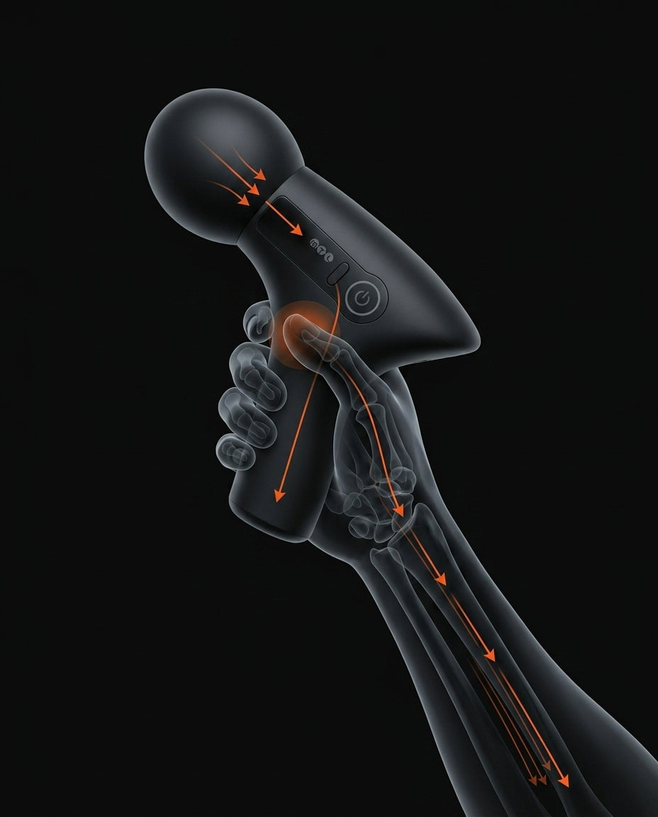 Diagram of the ergonomic grip aligning hand and wrist while holding the massage gun