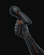 Diagram of the ergonomic grip aligning hand and wrist while holding the massage gun