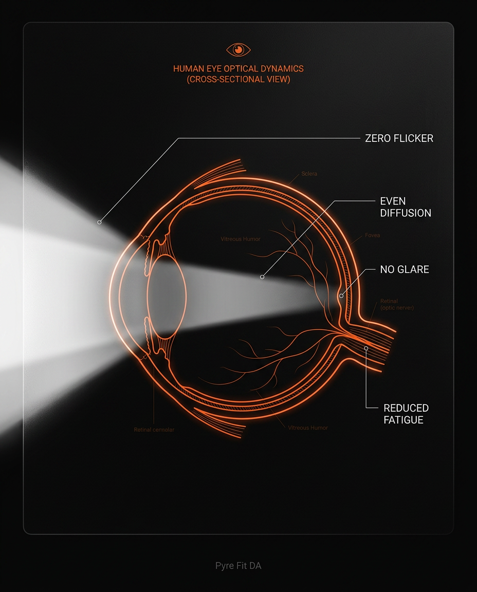 Cross-section eye diagram showing the mirror's flicker-free, glare-free light