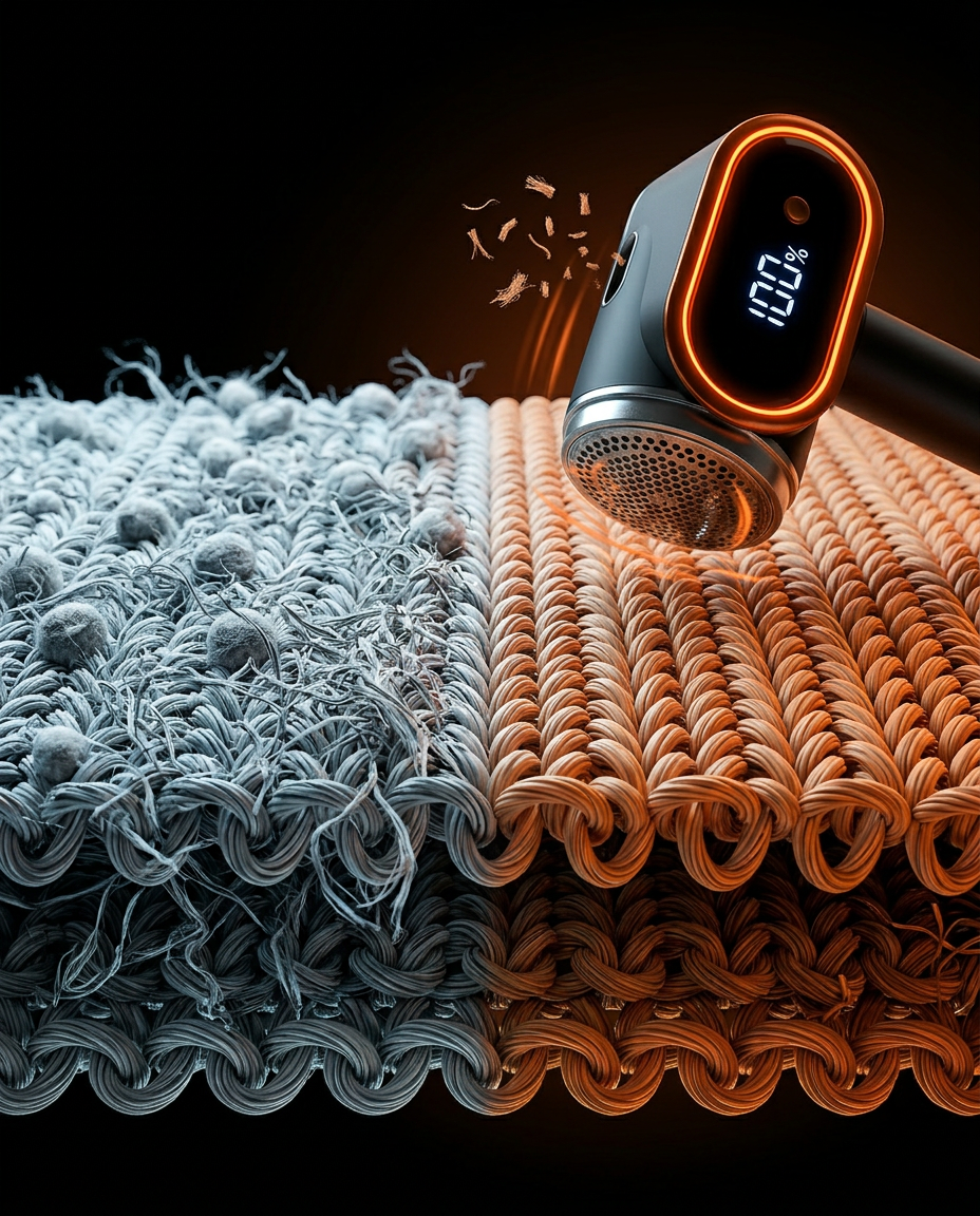 Split fabric view showing pilled knit restored smooth by the shaver