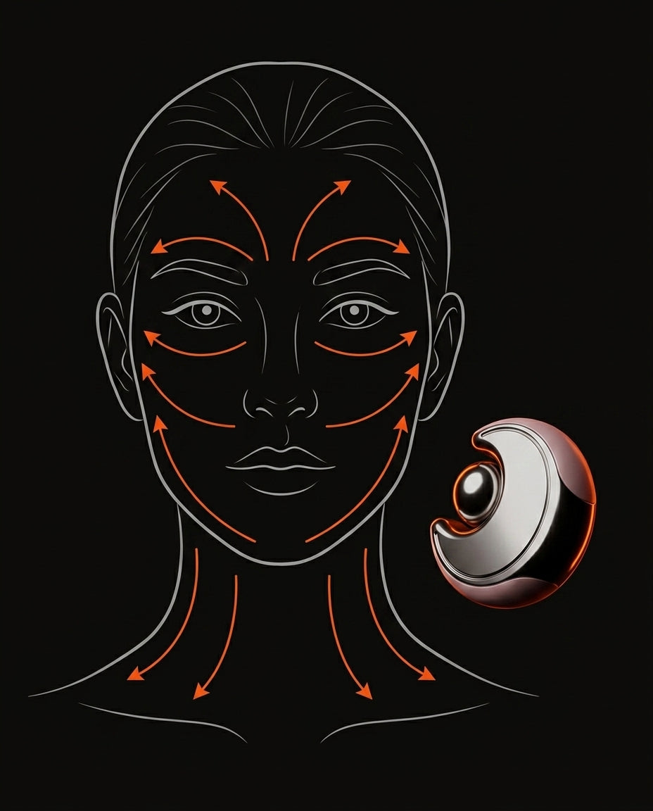 Facial map with orange arrows showing massage directions beside the cold reset tool