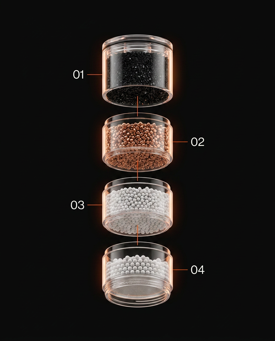 Diagram of the shower head's four-stage filter media layers