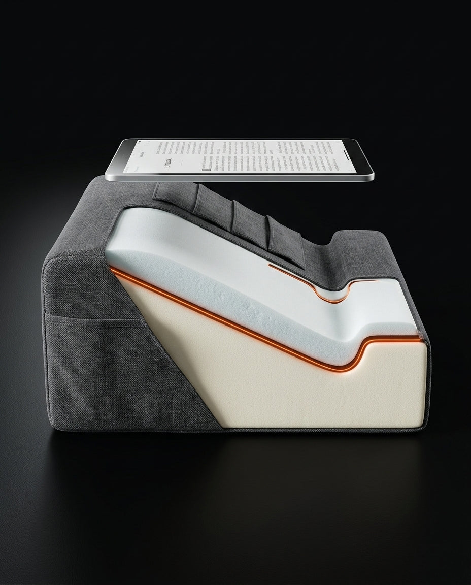 Cutaway of the lap pillow showing dual memory foam layers holding a tablet