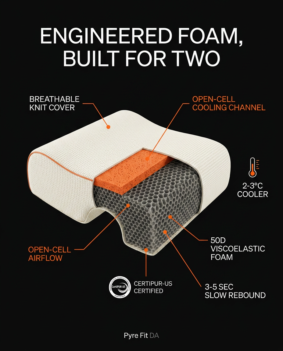 Cutaway infographic of the open-cell cooling memory foam in the couples pillow