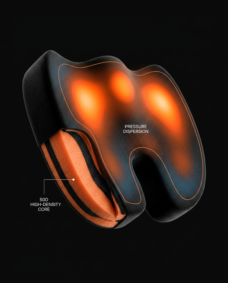 Cutaway showing pressure dispersion over the seat cushion's high-density core