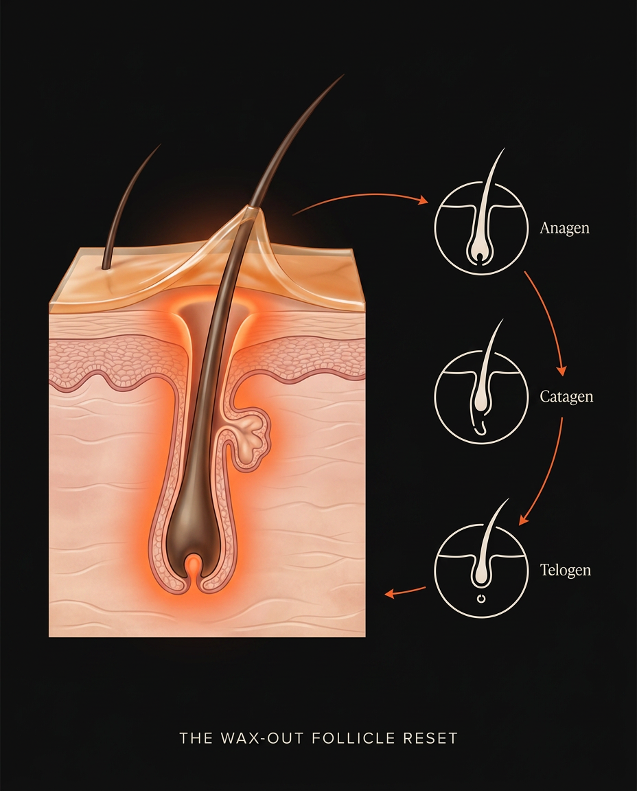 Skin diagram illustrating the hair follicle growth cycle for waxing