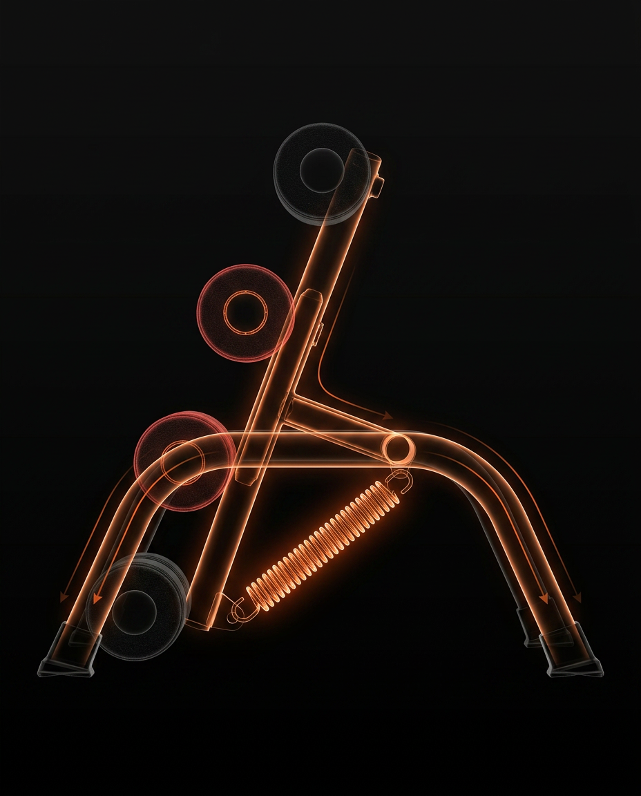 X-ray style schematic of the bench frame and spring engineering
