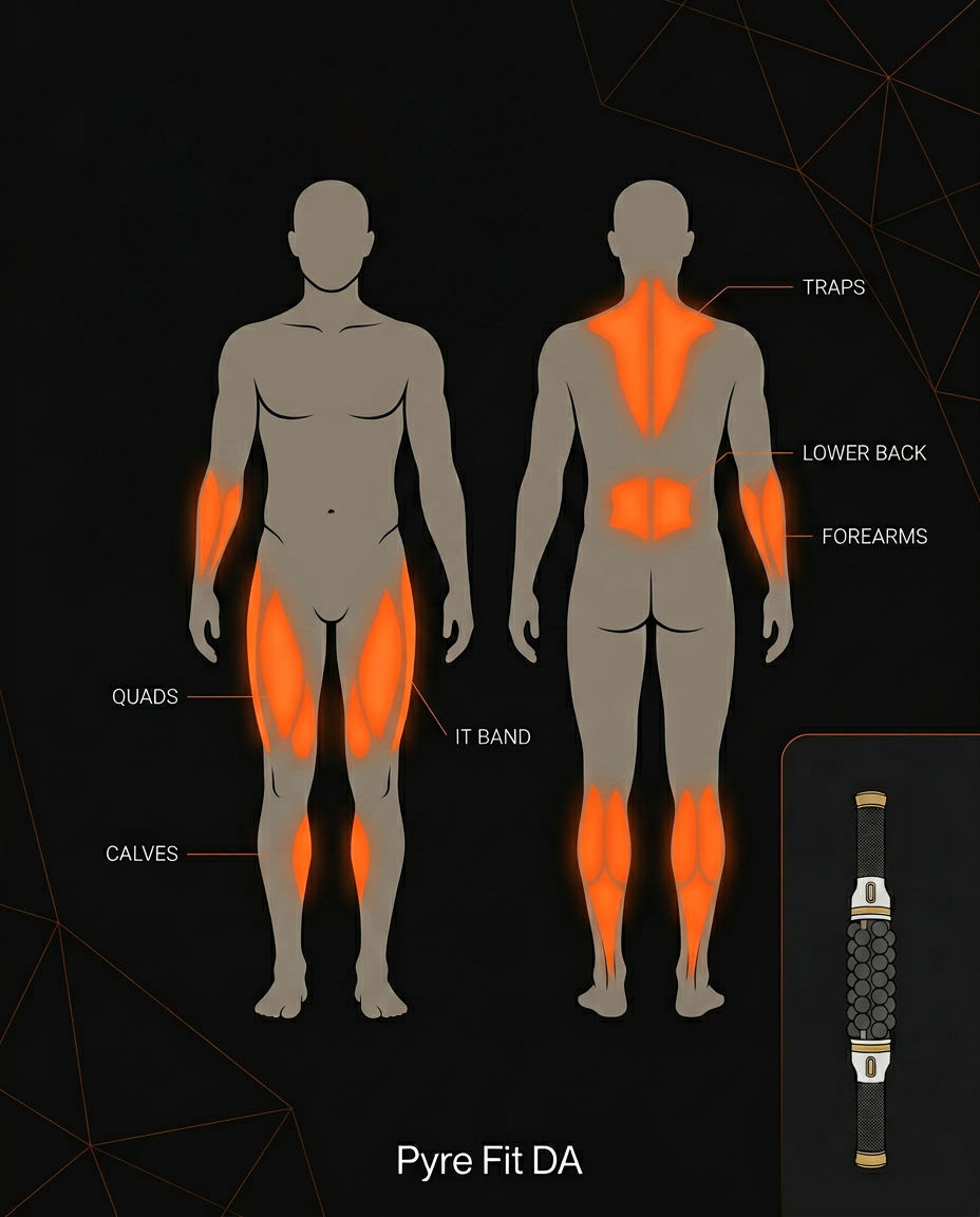 Full body map of massage stick target muscles: quads, calves, back, traps