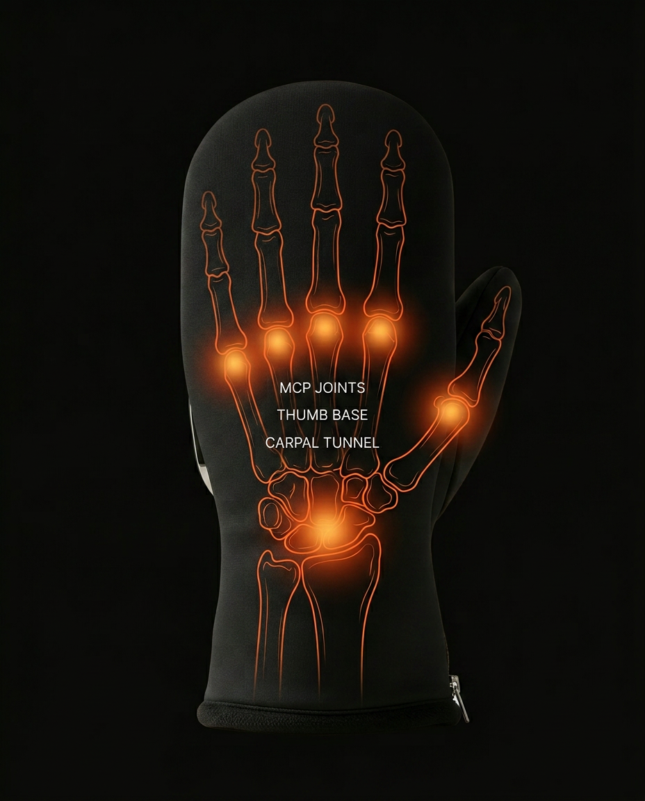 Hand anatomy diagram showing joints and wrist strain the glove targets