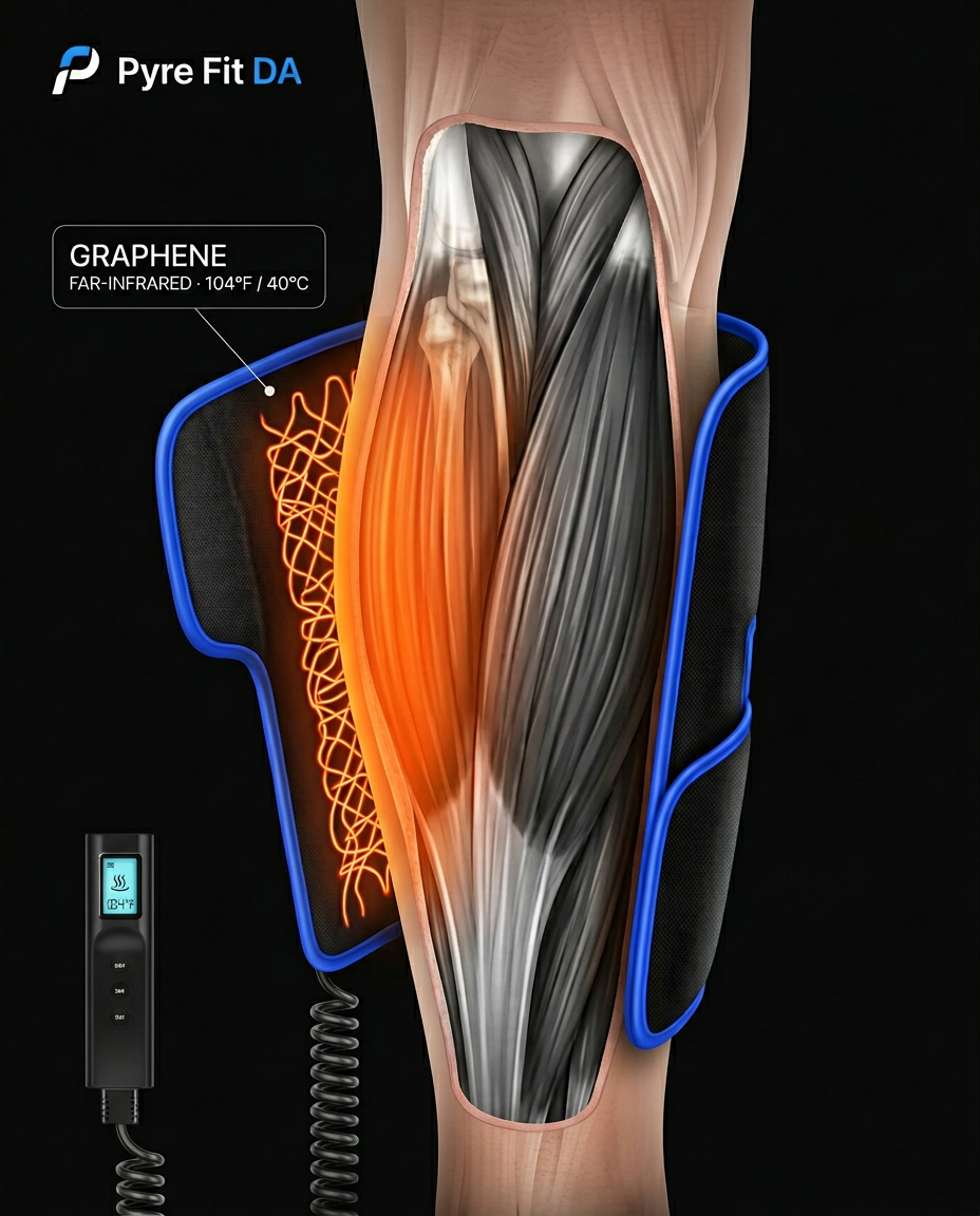 Diagram of graphene far-infrared heat penetrating calf muscles for recovery