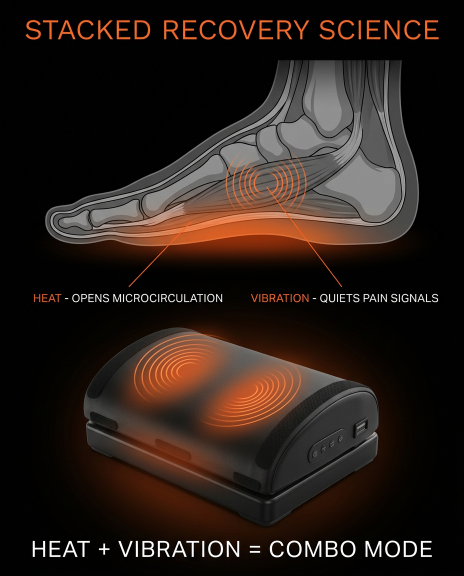 Diagram illustrating how heat and vibration work together for foot recovery