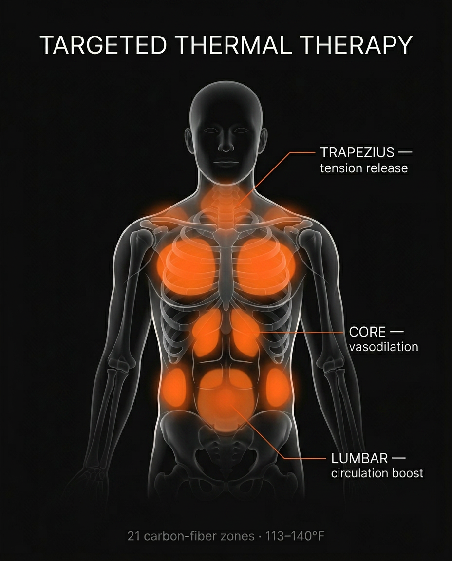 Anatomy diagram showing the jacket's targeted heat zones on the torso