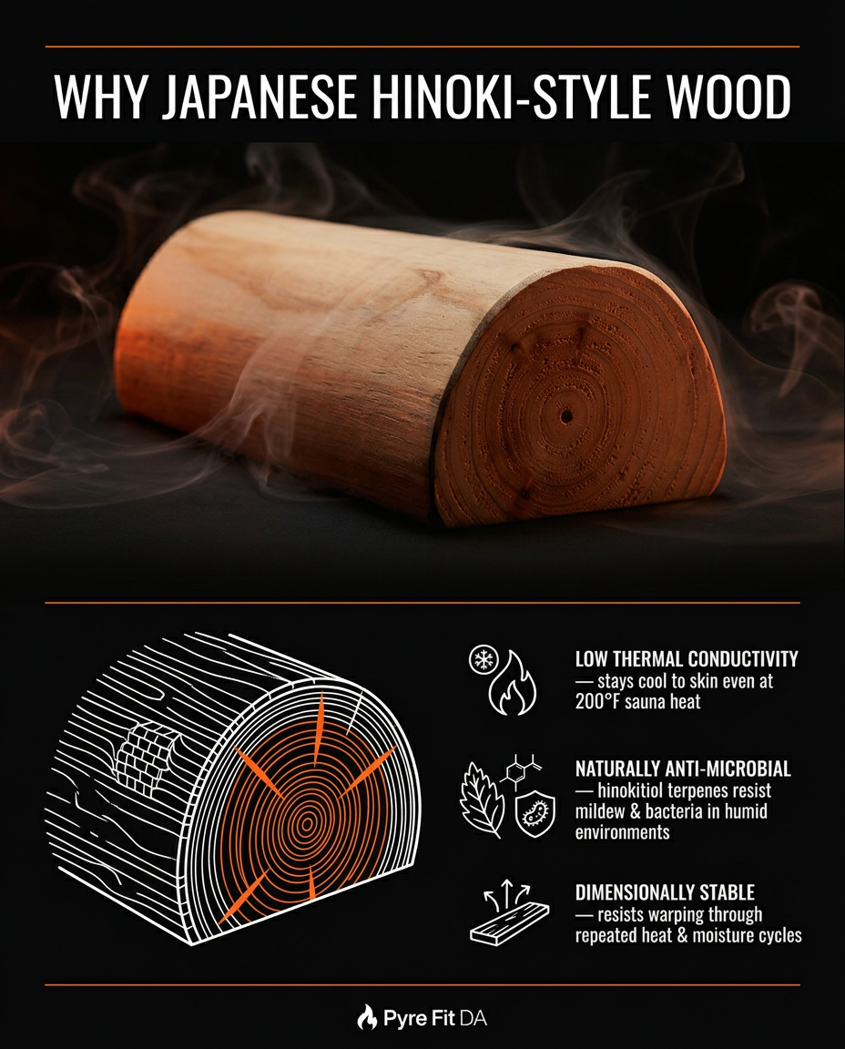 Infographic on why Japanese hinoki-style wood suits the sauna neck pillow
