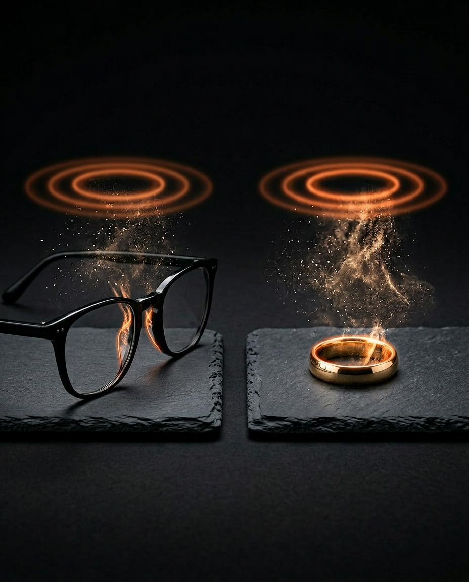 Glasses and ring on slate with glowing sound-wave rings lifting away grime