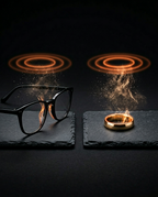 Glasses and ring on slate with glowing sound-wave rings lifting away grime
